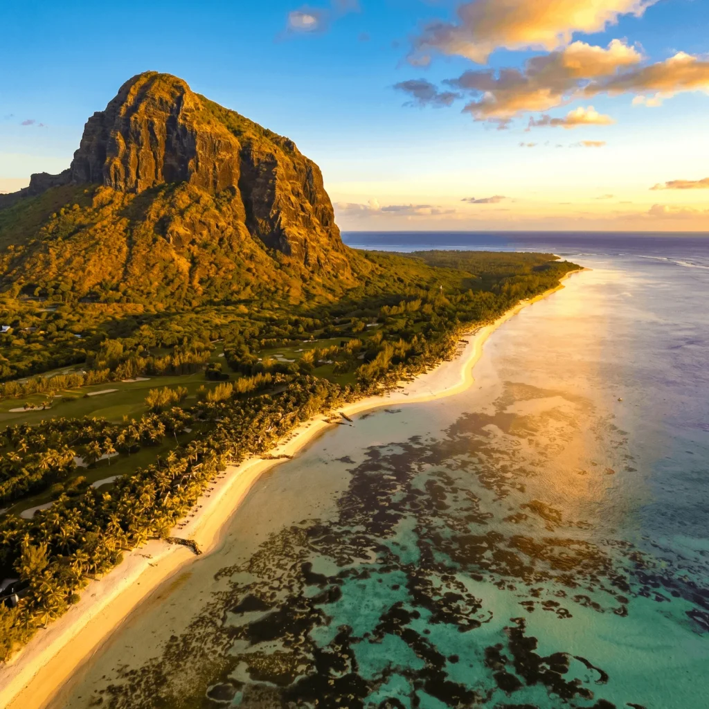 Mauritius landscape — mountains rising above a coastal town
